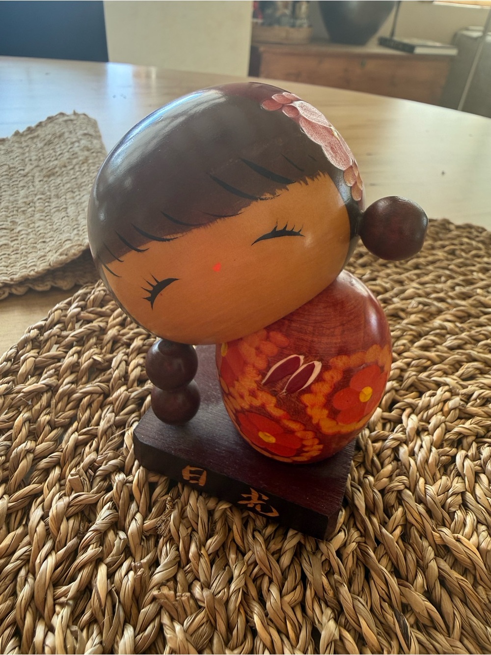 Vintage Japanese Wooden Kokeshi Doll Nikko Souvenir Hand Painted Floral 4"